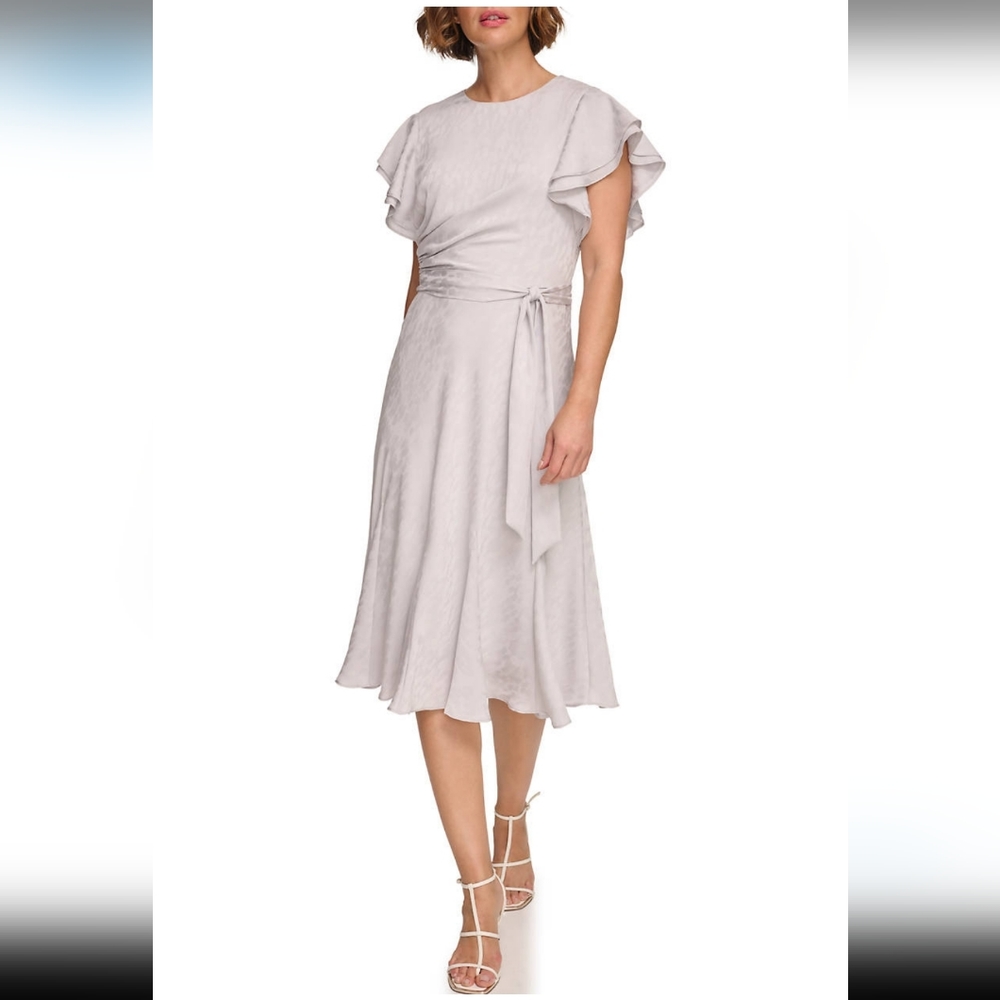 DKNY Flutter Cap Sleeve Jewel Neckline Midi Dress Shiny White Silver Size 6